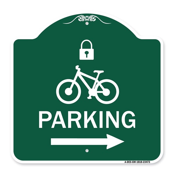 Parking W/ Lock Cycle & Right Arrow, Green & White Aluminum Sign, 18" x 18", GW-1818-23473
